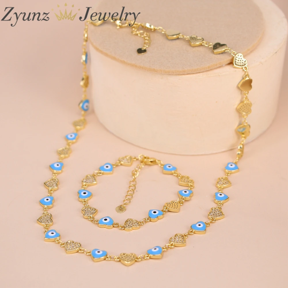 3 Sets, Gold Color White Zicorn Heart Shape Enamel Evil Eye Link Chain Punk Necklace Bracelet Jewelry Set Women Gifts Jewelry