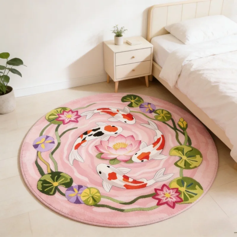 Koi Fish Lotus Round Carpet Oriental Lucky Carp Floral Water Lily Print Floor Mat for  Housewarming Present Art Decor Ornament