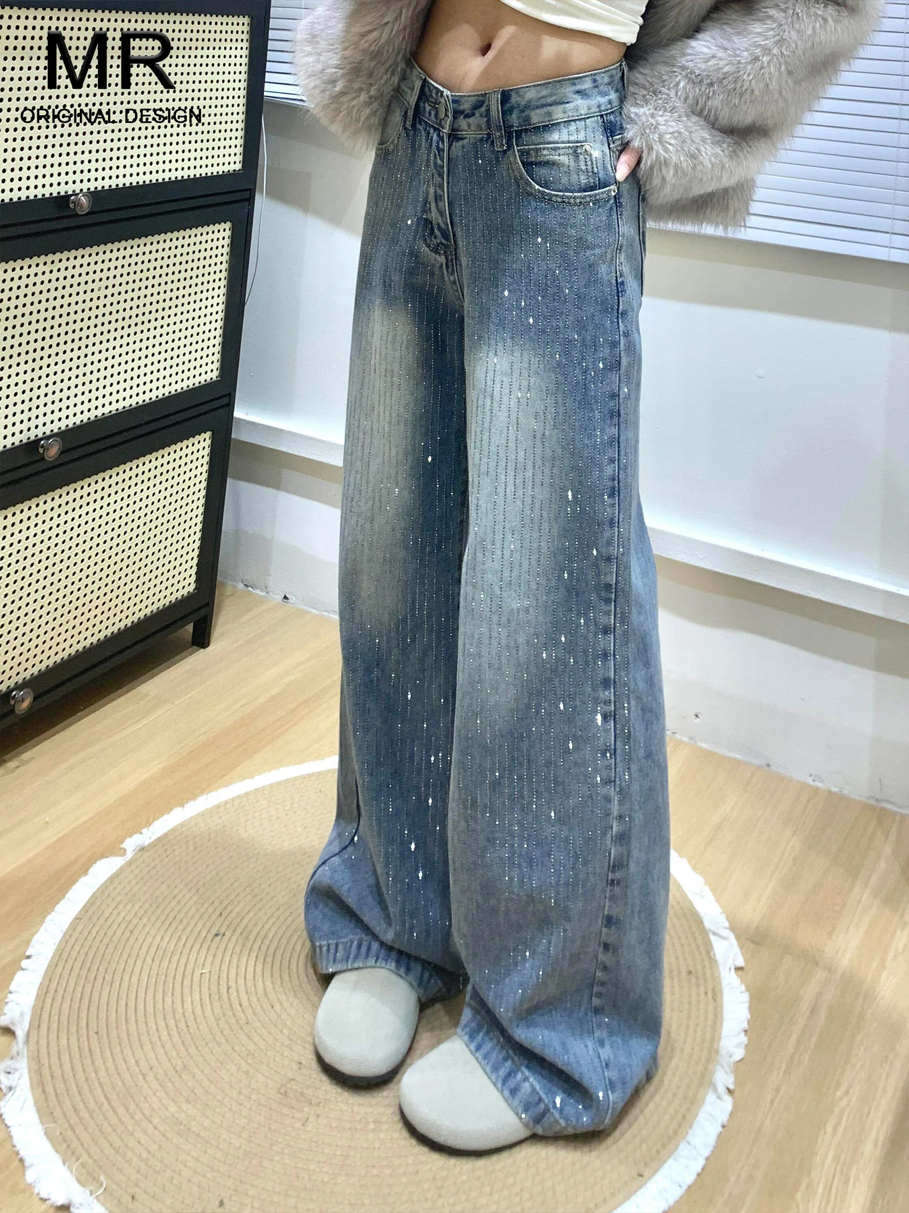 

High Waist Wide Leg Jeans Women's Summer Loose Slim Straight Floor-Length Pants American Style Button Pocket Denim Casual