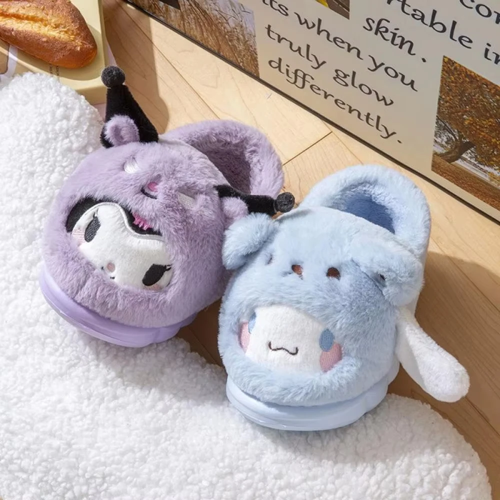 Anime inverno chinelos de pelúcia kuromi olá kitty cinnamoroll sanrioed kawaii dos desenhos animados bonito interior engrossar quente casa chinelos