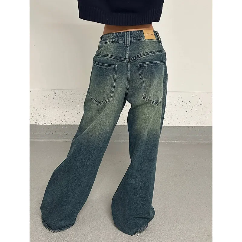 Calça jeans azul de cintura alta feminina, calça jeans reta larga, calça de perna larga, estética casual, streetwear vintage, moda Y2K, 2024