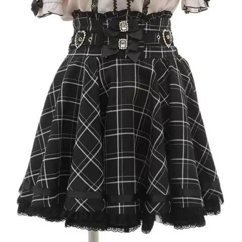 

Gothic Lolita Ribbon Double Bow High Waist Skirt Women Sweet Pearl Buckle Lace Pleated Skirt Japanese Cute A-Line Mini Skirts