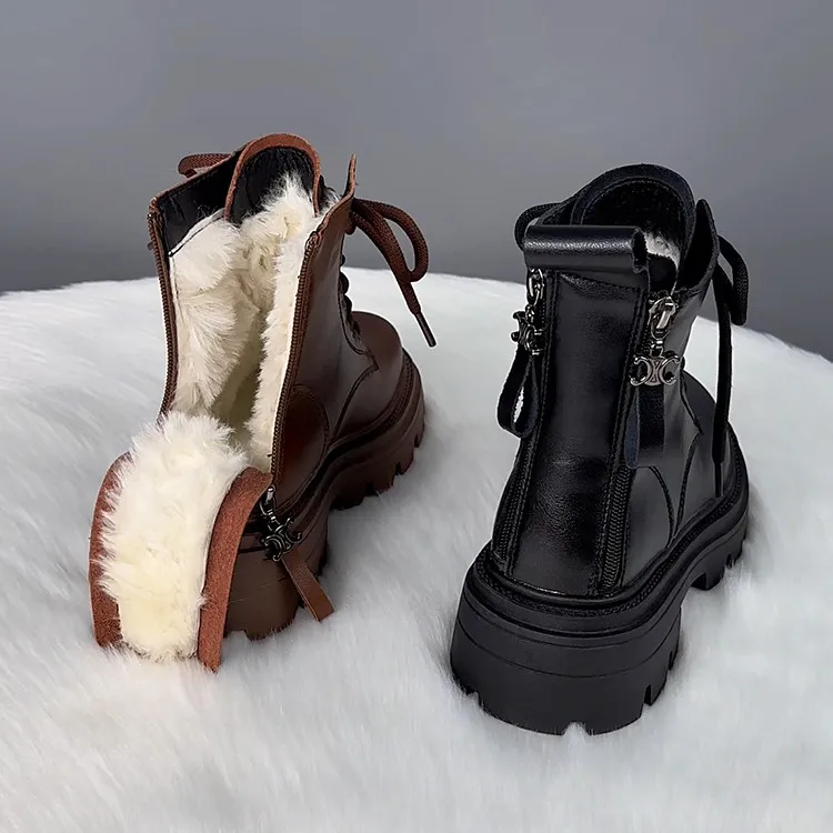 Snow Boots For Women  Female Shoes Winter Footwear Boots-Women Plush Round Toe Flat Heel Leather Lolita Ladies Med 2024 Fur