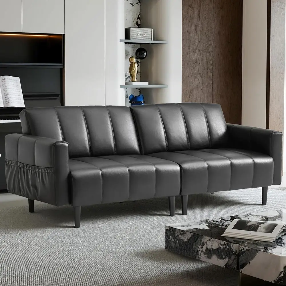 أريكة فوتون حديثة من الجلد الصناعي في منتصف القرن، قابلة للتحويل مع مسند ظهر قابل للتعديل، وجيب تخزين، وإطار خشبي وفولاذي، باللون الأسود #1