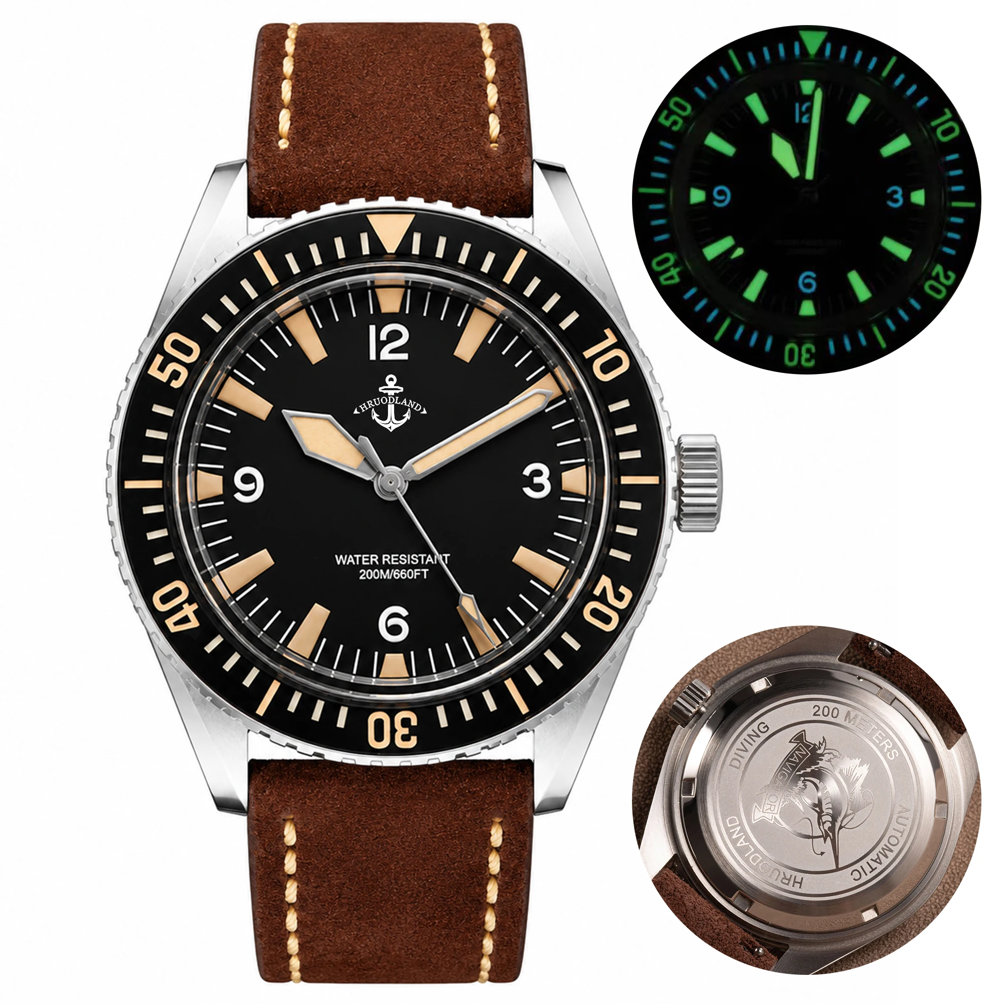 HRUODLAND Retro Military Diver Watch Automatic Lollipop Second Hand BGW9 Lume Dial 20ATM Screw-Down Crown 41mm Men's Wristwatch