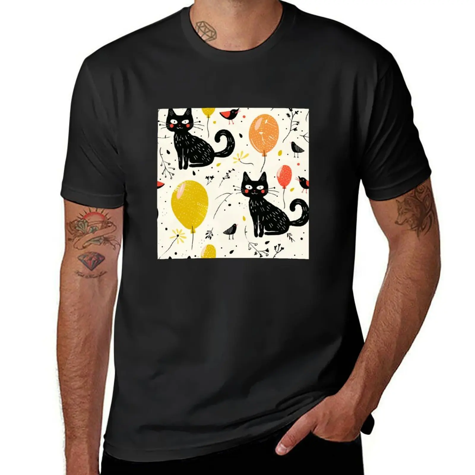 

Cat and balloon Pattern, repeat pattern, black cat pattern, fish, water, wave, T-Shirt summer top vintage mens cotton t shirts