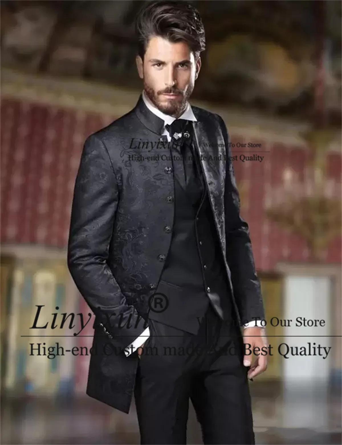 Italian Black Stand Collar Wedding Suits For Men Slim Fit Jacquard Groom Tuxedos 3 Pieces Floral Male Prom Blazer Costume Homme