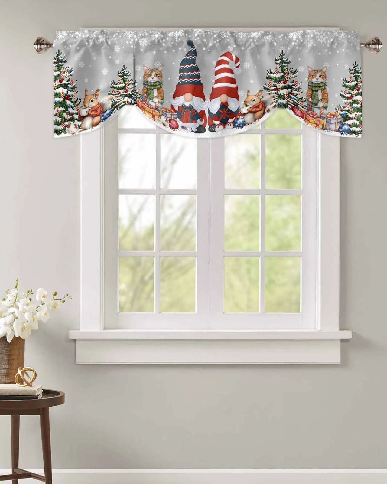 Dwarf Snowflake Christmas Tree Gift Cat Squirrel Gray Short Window Curtain Kitchen Cafe Cabinet Tie up Drapes Bedroom Home Decor