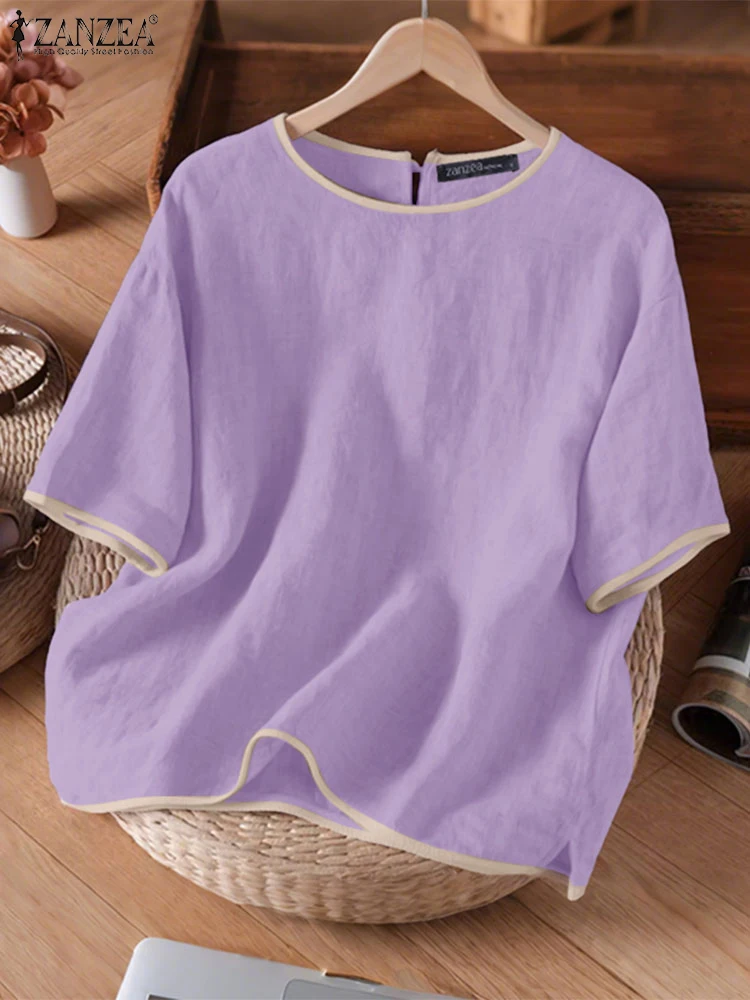 2025 Summer Contrast Color Blouse ZANZEA Women O Neck Short Sleeve Tunic Tops Casual Loose Shirt Elegant Work OL Blusas Oversize