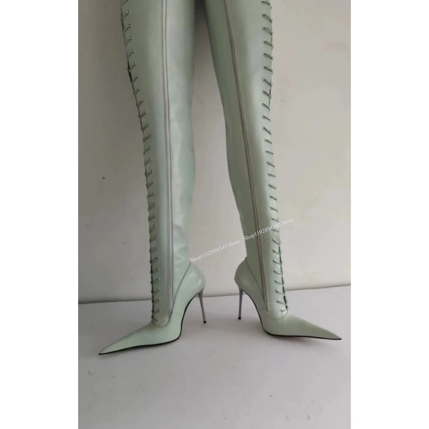 

Green Over Knee High Real Leather Boots Pointed Toe Thin High Heel Cool Fashion Sexy Winter 2024 Woman Shoes Zapatillas Mujer