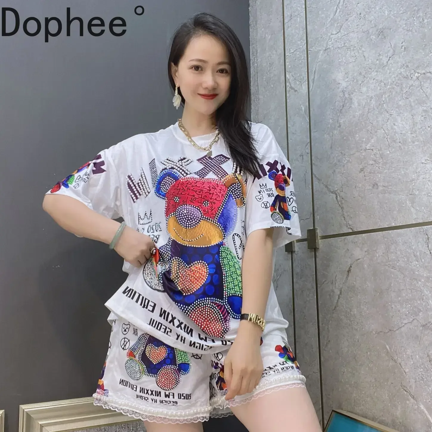 

2025 New Summer Women Two-piece Set Cartoon Printed Diamonds Beads Short Sleeve T-shirt Top + Casual Wide Leg Shorts Female Suit