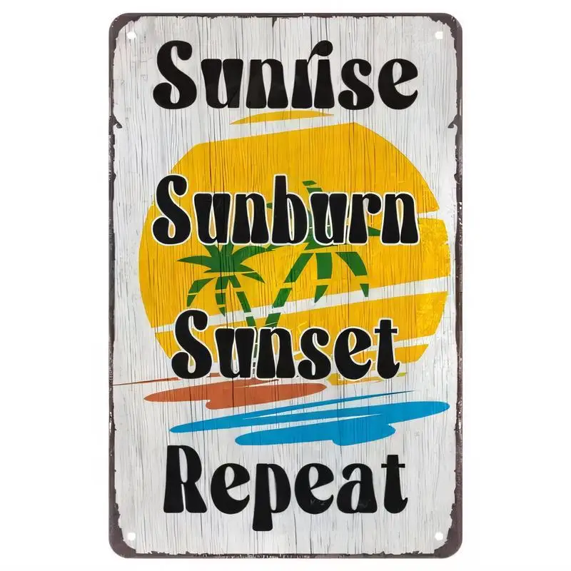 Vintage Iron Wall Sign - Sunrise Sunburn Sunset Repeat, Trees & Yellow Sun Design, Retro Beach - Themed Decor, Perfect for Beach