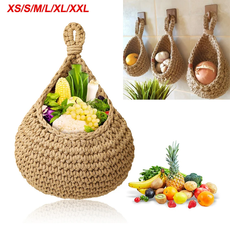 XS-XXL Wall-mounted Sundries Storage Bag Hanging Wall Vegetable Fruit Baskets Organize Bag Jute Eco Teardrop Kitchen Organizer