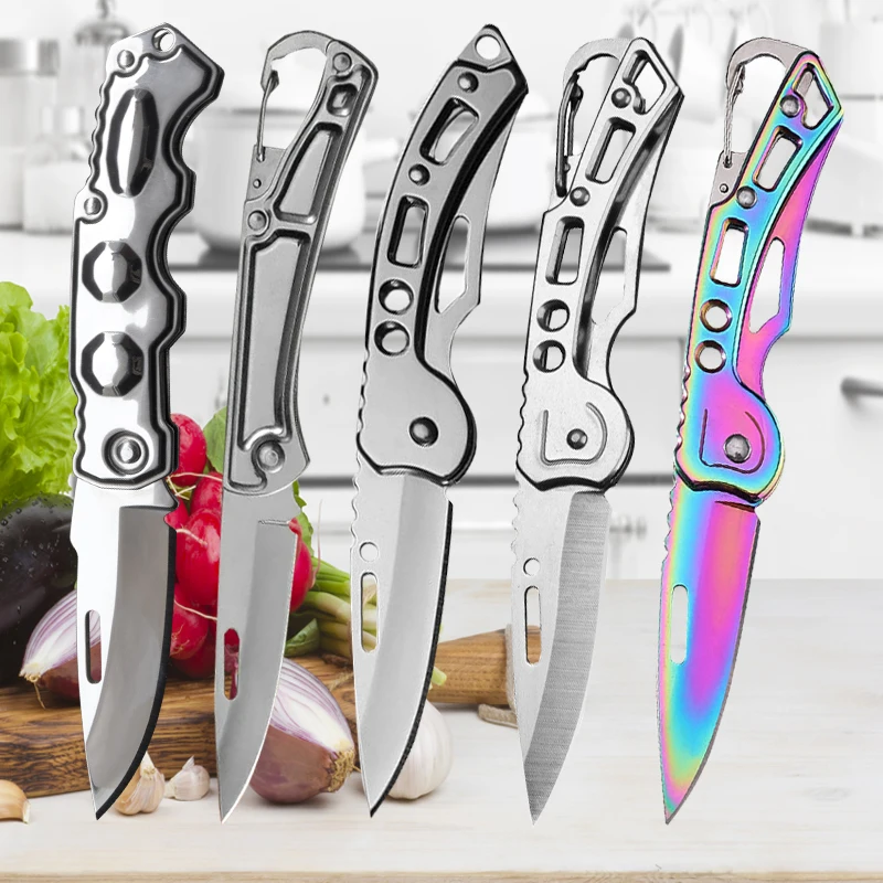 Portable Folding Knife Keychain Fruit Cutter Multipurpose Pocket Knife Utility Knives Stainless Steel Knife Kitchen Accessories