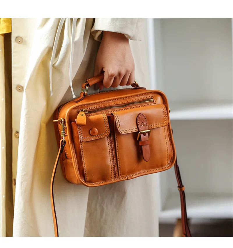 Modische Vintage-Handtasche aus natürlichem Echtleder für Damen, kleine Multi-Taschen-Organizer-Handtasche, Designer-Luxus-Schultertasche aus echtem Rindsleder – Detail 5
