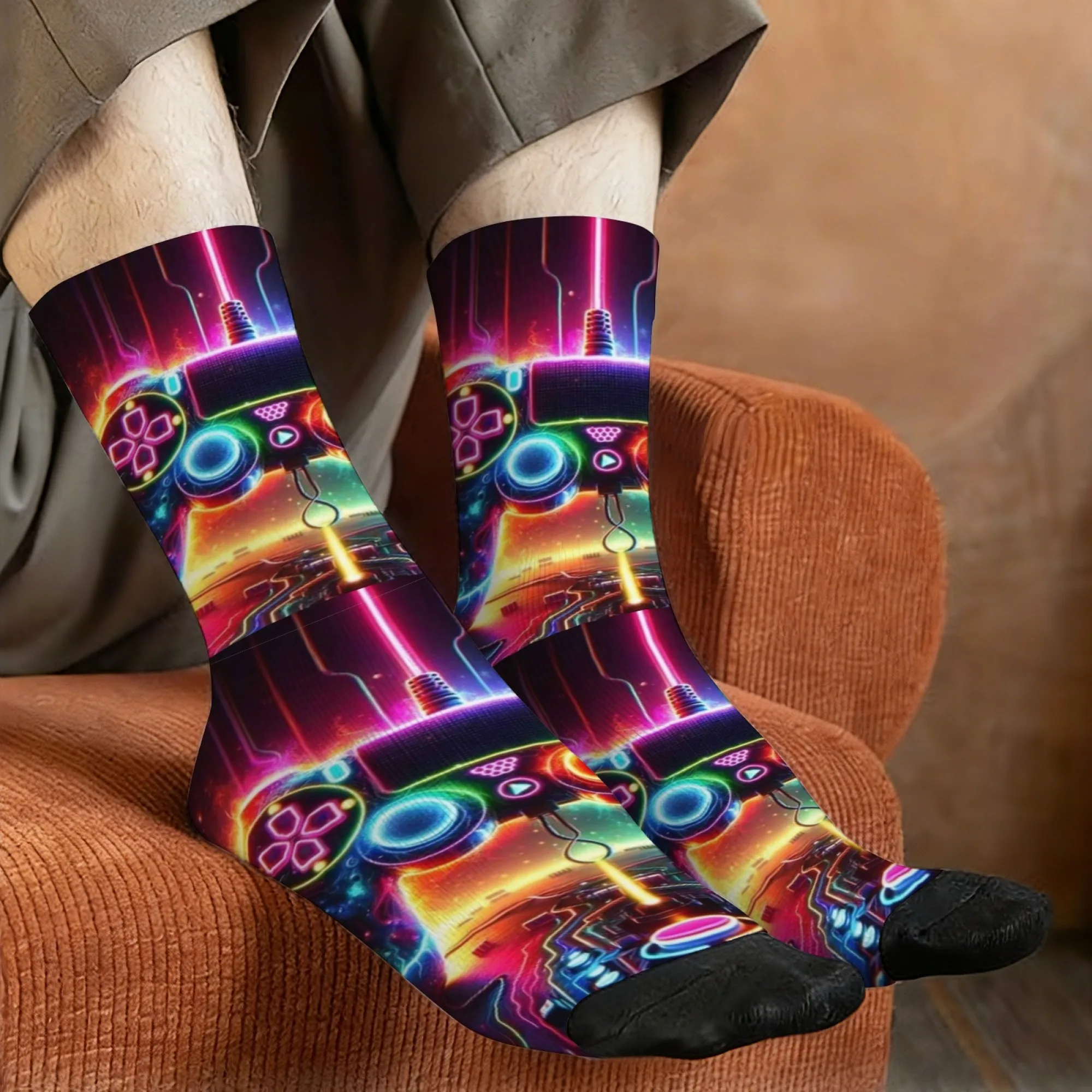 Cyberpunk-inspired Crazy Game Controller-print Men's Mid-calf Socks  Comfortable Soft Breathable and Non-slip Casual Socks