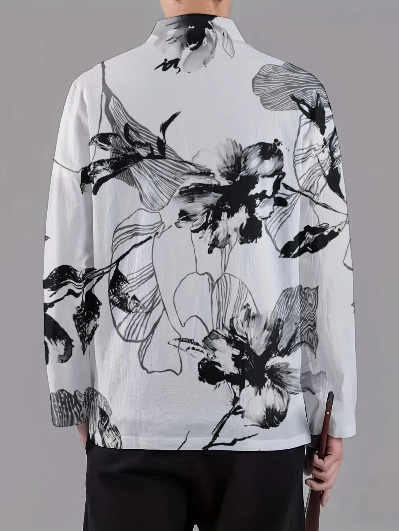 Men Mandarin Collar Frog Button Long Sleeve Jacket Chinese Ink Botanical Tie Dye Print Casual Outerwear With Side Pockets