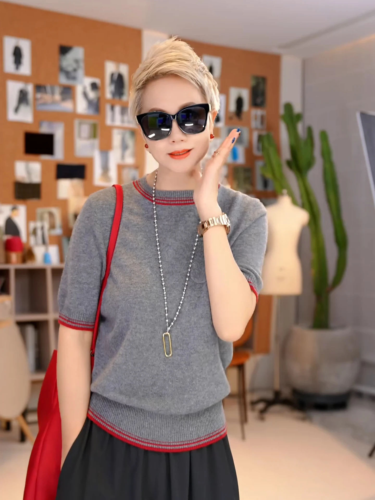 

MGX Mo Qian Skin-friendly round Ne Ribbed Color Blo Slim Fit Wine Red Knitted ort Sve Woolen Top Casual Sle