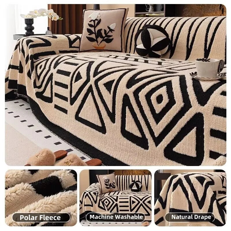 Polar Fleece Plush Sofa Cover Cloth Thickness Anti Slip Sofa Towel Geometric Print Couch Seat Cushion Mat Full Coverage Blanket view 4