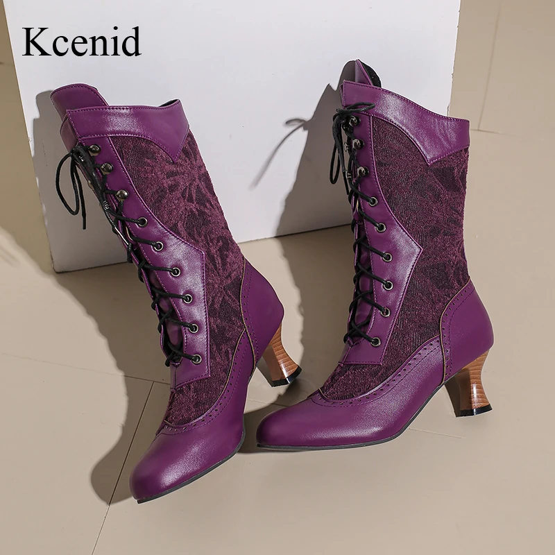 

Kcenid Plus Size 50 Ankle Boots For Women High Heel Cross-tied Lace-up Mid-Calf Motorcycle Boots Round Toe Women`s Winter Boots