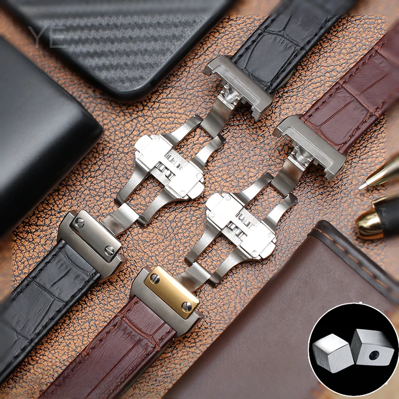 ل كارتييه سانتوس ساندوز سلسلة 24.5 23 20 مللي متر مقاوم للماء دعم الصلبة الصلب نشر مشبك أسود براون جلد البقر حزام ساعة اليد