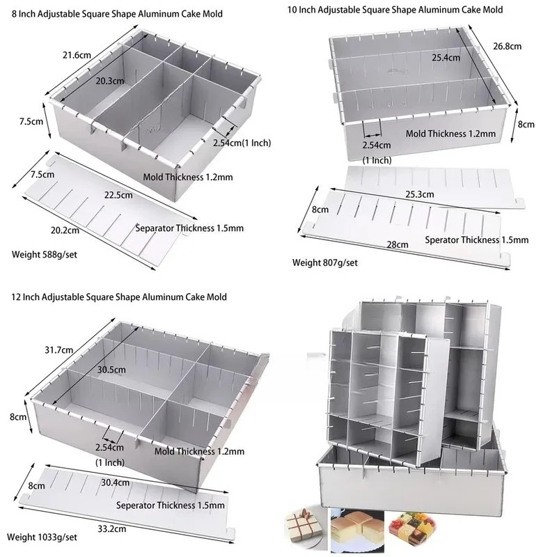 8 10 12 Inches Adjustable Seperating Design Square Cube Aluminum Cake Mold Removable Bread Tin Mousse Cheese Pan DIY