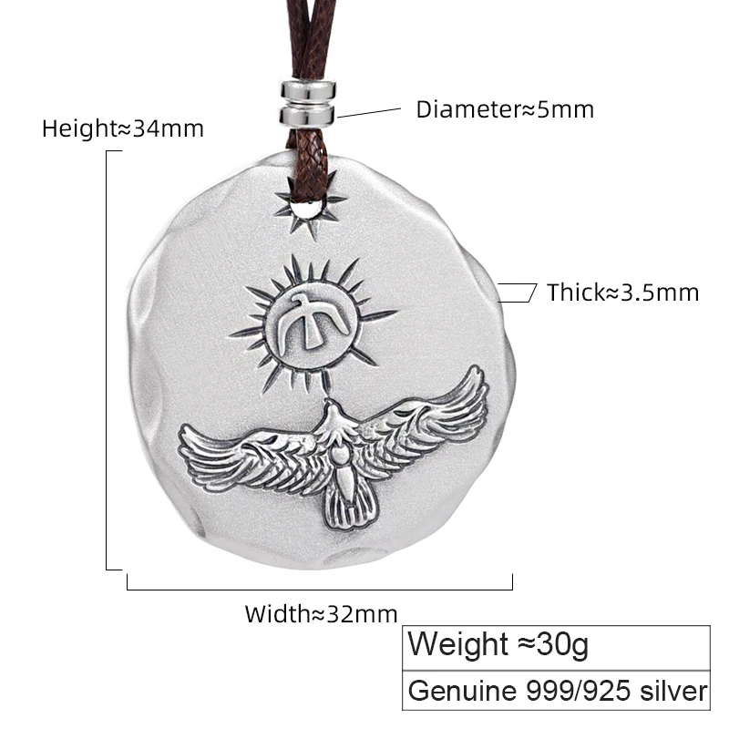 ZABRA 999 Pure Silver Male Personalized Retro Eagle Round Pendant Trendy Male Jewelry Necklace