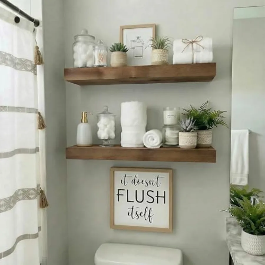 

Rustic Walnut Wooden Floating Shelves for Bathroom Wall-Mounted Over Toilet Decor 16 Inch Storage Shelves for Living Room Bedro