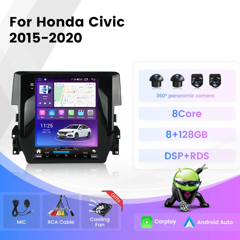 Wireless Carplay Android 14 For Honda Civic 10 FC FK 2015-2020 Car Multimedia Video Player GPS Navigation DSP BT Carplay Stereo