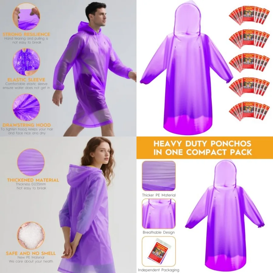 

and and Disposable Rain Ponchos for Adults/Youth, Waterproof PE Raincoats with Drawstring, Camping/Emergency