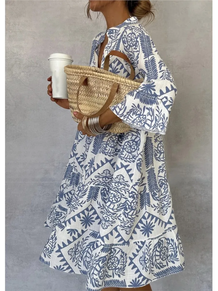 

New Style Casual Print Three-quarter Sleeve Shirt Dress For Women Summer Fashion V Neck Loose Holiday Casual Dresses Robe Femme