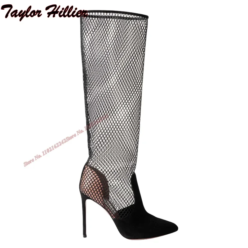 New Breathable Mesh High-Heeled Sandals Pointed Toe Stiletto Breathable Knee-High Boots Fashionable Sexy Long Boots For Women