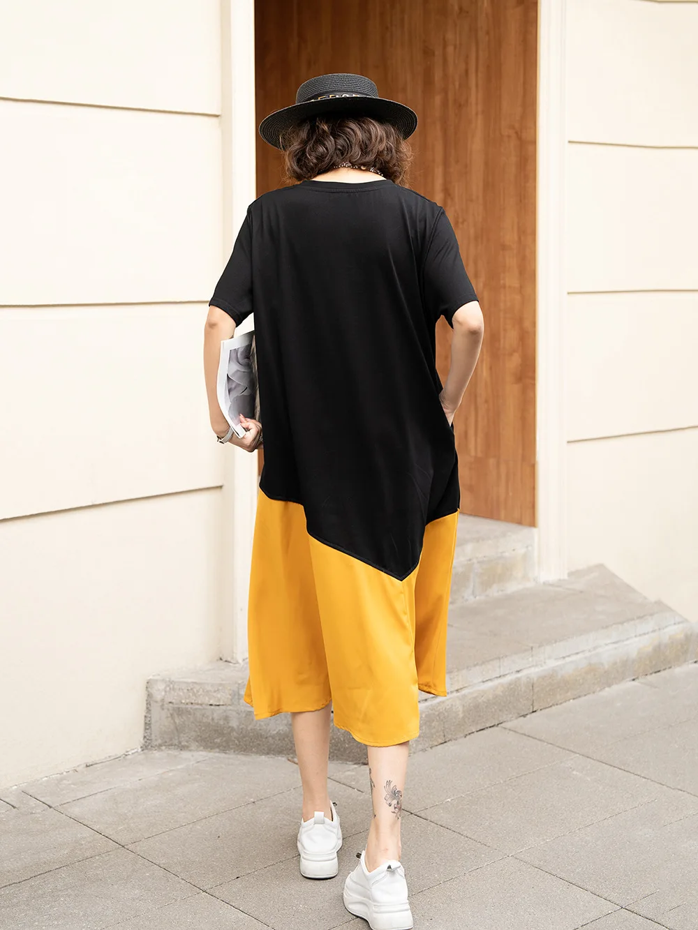 Tannt Women Dress Asymmetry Patchwork Color Matching T-shirt Dresses Irregular Short Sleeves Loose Long Dresses 2024 New