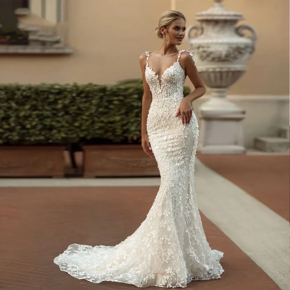 

Exquisite Lace Mermaid Customized Wedding Dresses Spaghetii Strap Bridal Gowns vestido de novia Appliqued Lace Wedding Gowns