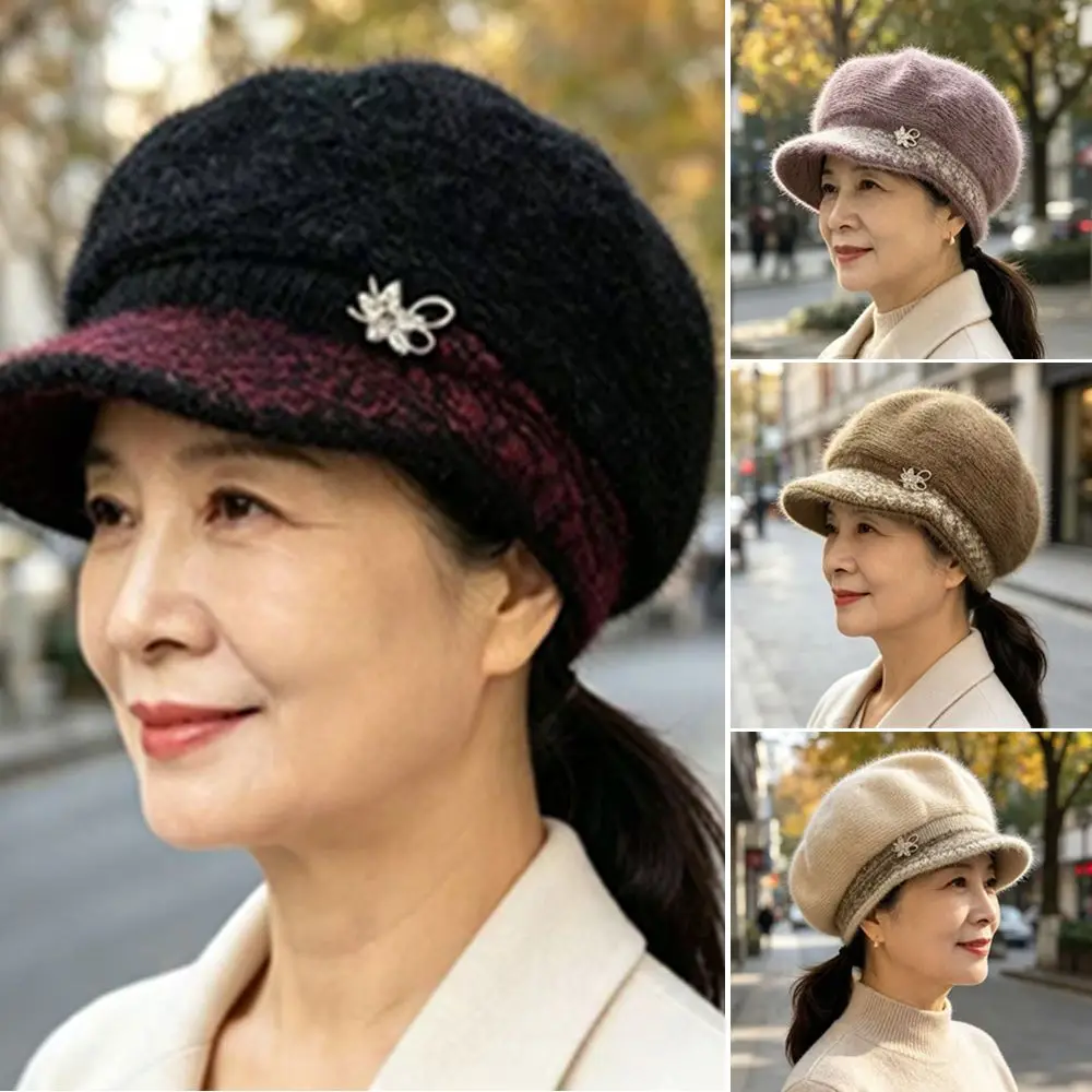 Comfortable Thickened Middle-aged Mother's Hat Fleece Lined Keep Warm Knitted Woolen Hat Windproof Pumpkin Beret Hat Winter