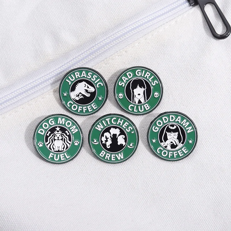 Jurassic Coffee Enamel Pin Dog Mom Fuel Sad Girls Club Round Brooches Lapel Backpack Badge Jewelry Gifts For Friends Wholesale