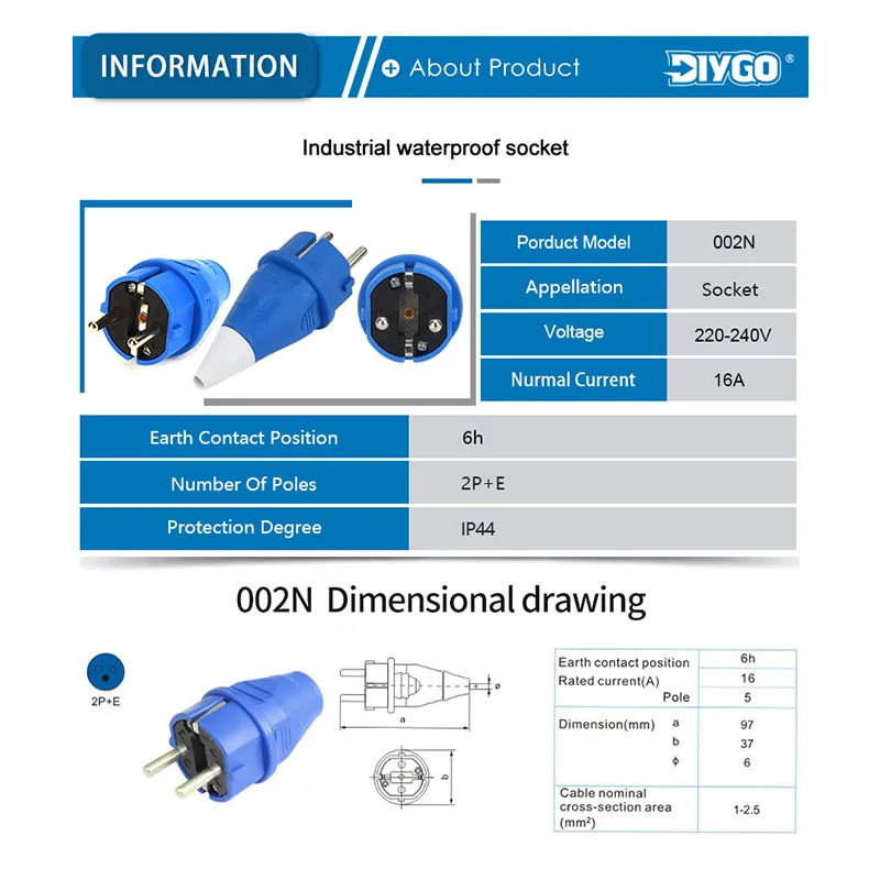 16A IP44 220V-240V 2 Pin gniazdo przemysłowe specyfikacja EU kabel złącze przewód zasilający elektrycznego do klimatyzacji DIY GO