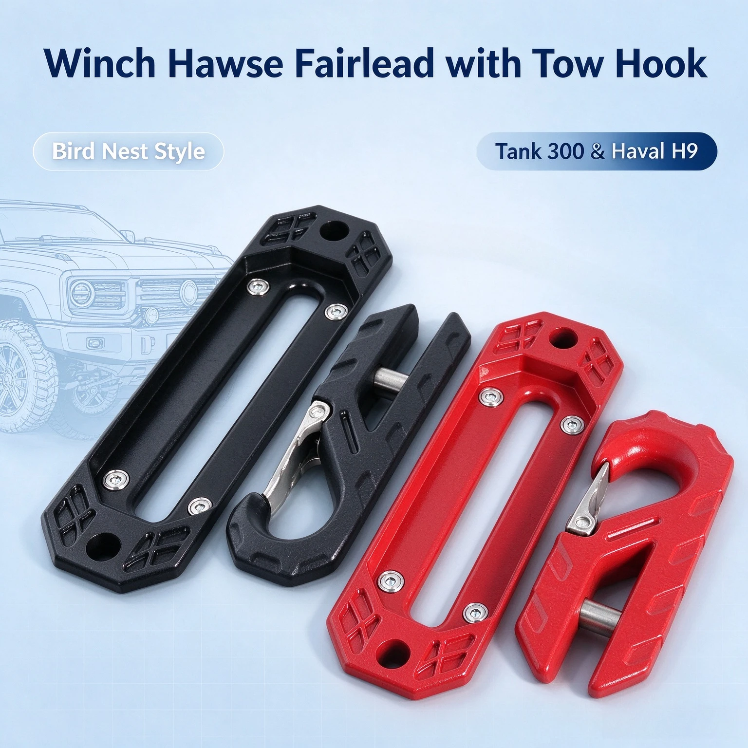 Winch Hawse Fairlead with Tow Hook, Bird Nest Style, Offroad Bumper Modification Accessories Compatible with Tank 300 Haval H9