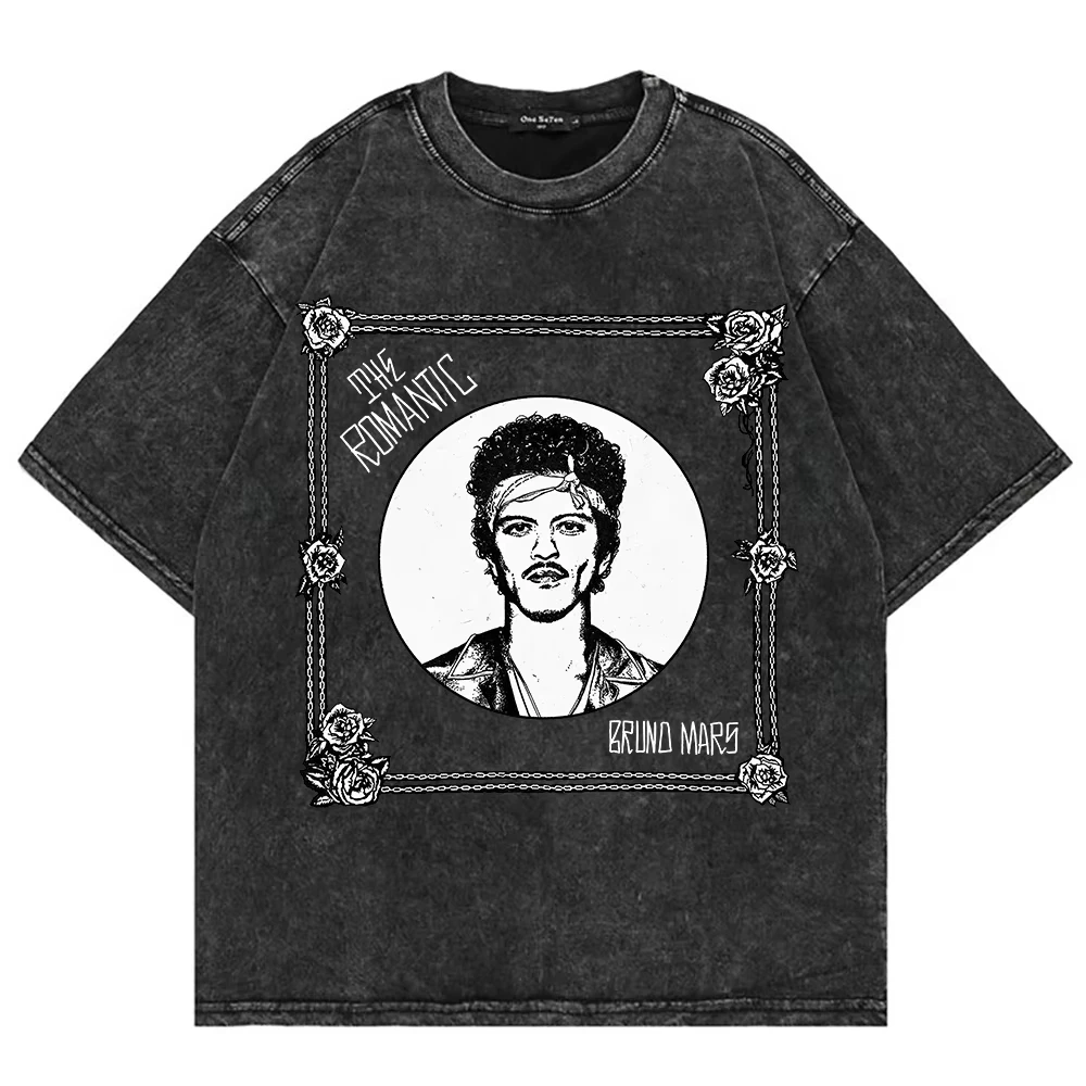 100% Cotton Vintage Washed Bruno Mars The Romantic Tour 2026 T Shirt Fashion Men/Women Retro Oversized Loose Acid Wash Tee Shirt