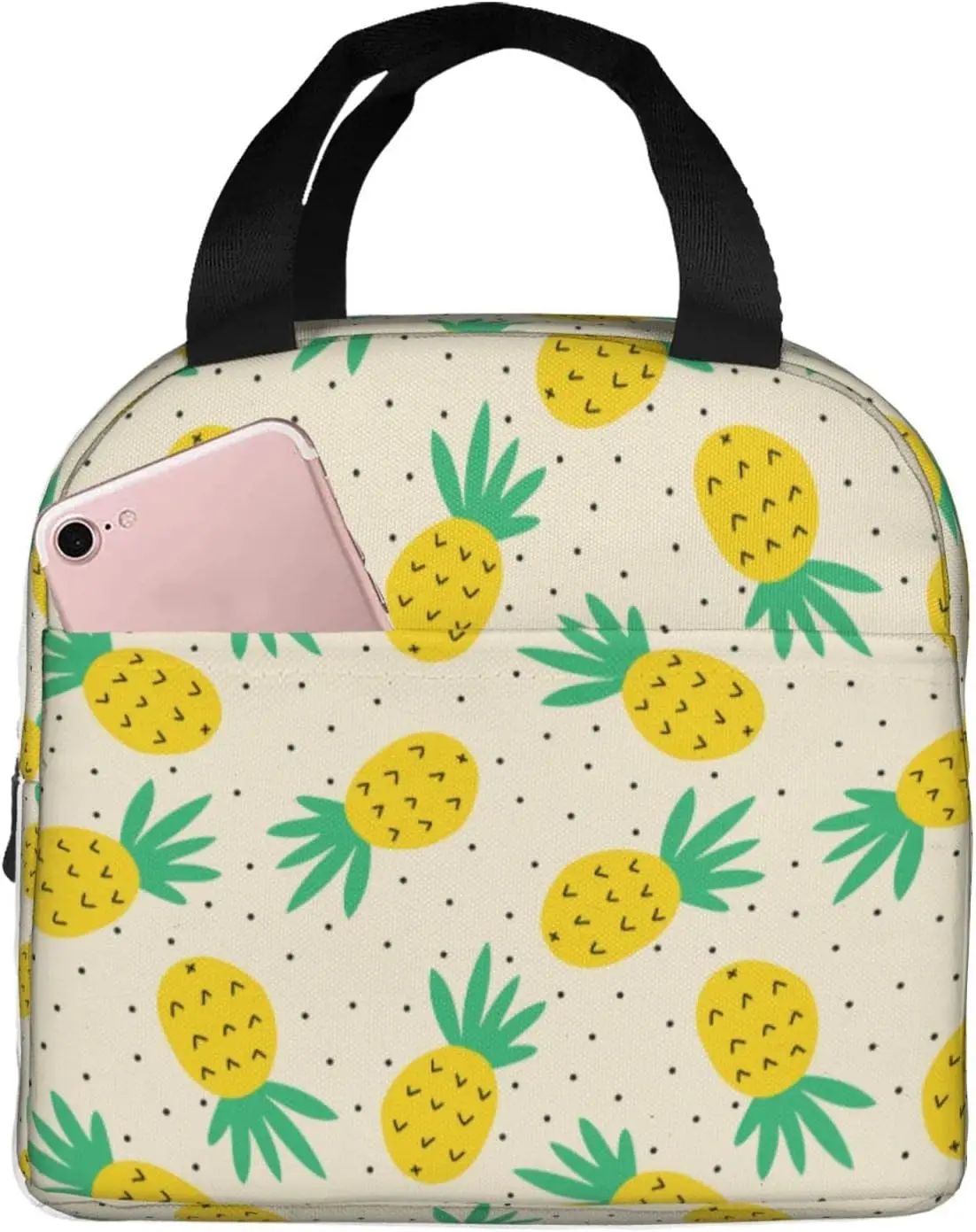 Yellow Pineapple Insulated Lunch Bag for Women Girls Thermal Picnic Bento Box Washable Reusable for Office Work Hiking Picnic