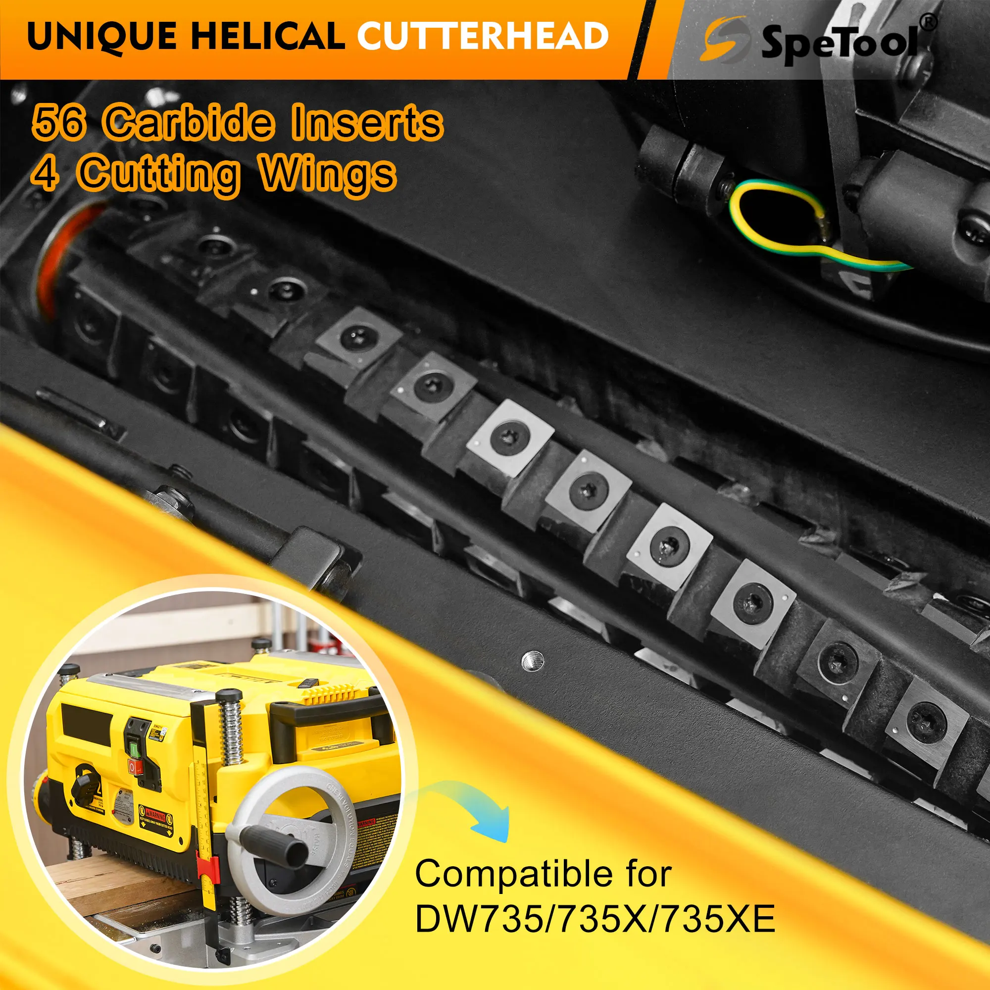 SpeTool 13 นิ้ว Helical Planer หัวตัดสําหรับ DW735 DW735X DW735-XE กบความหนา, เกลียว Cutterhead 4 แถว 56 คาร์ไบด์ Inser