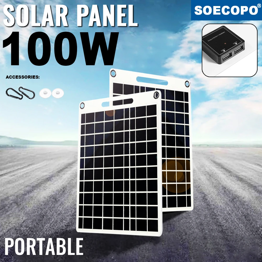 100W Solar Charger with Dual USB Ports, Waterproof & Portable Solar Panel for Outdoor Camping, Hiking, Emergency Devices