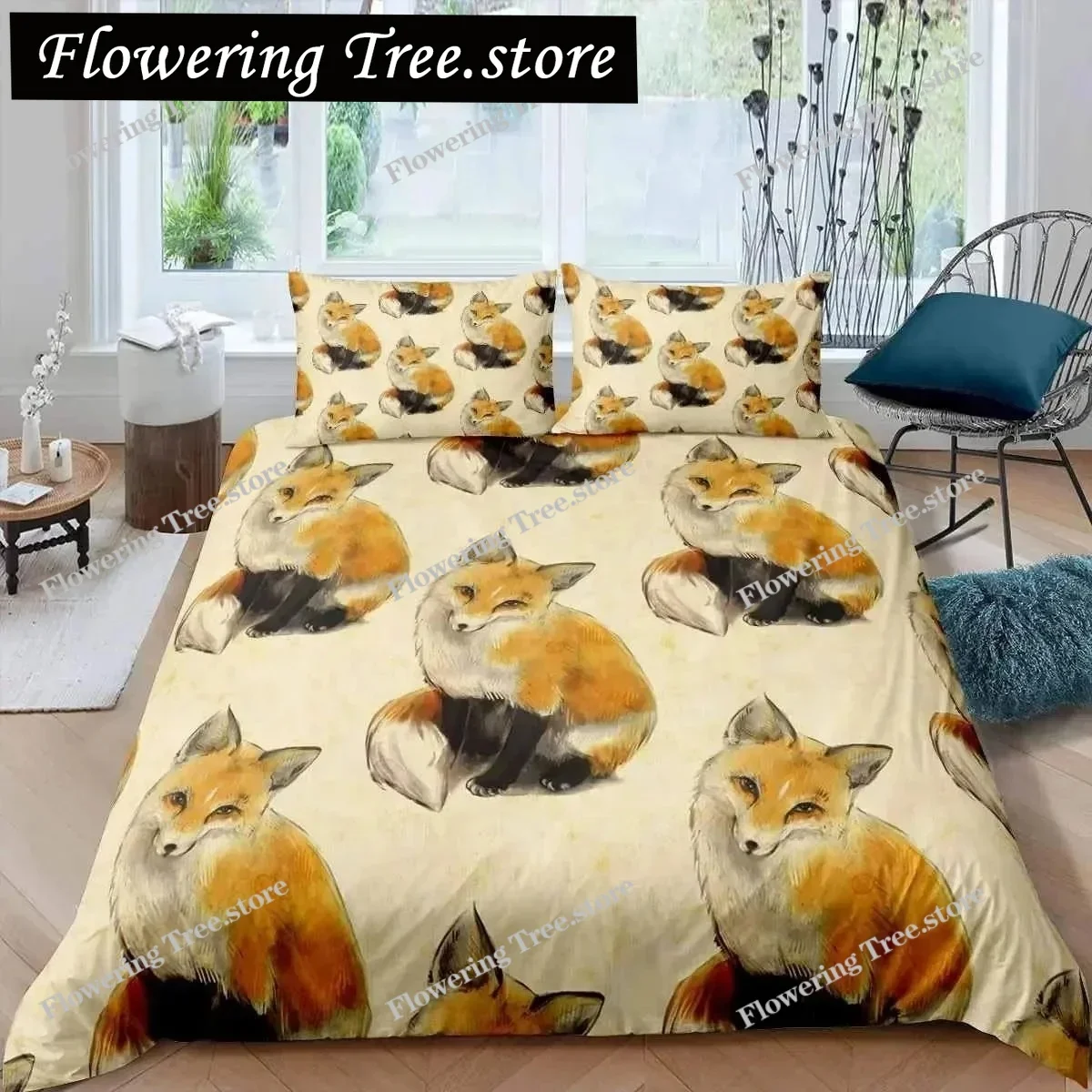 

Fox Duvet Cover Set Girls Cartoon Fox Bedding Set Lovely Animal Theme Comforter Cover for Kids Teens King Polyester Quilt Cover