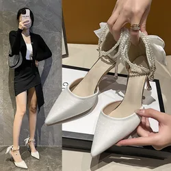 Silk Ankle Pearl Pumps Design 8cm High Heels Women Pumps Stiletto Sexy Bow Strap Dress Wedding Bride Shoes Plus Size New