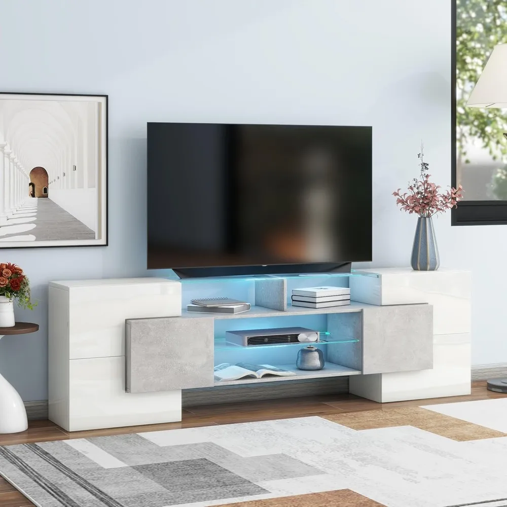 

White 85 Inch TV Stand, Modern LED TV Stand with 6000 Color Adjustable Lights, Large Storage Shelves, Sturdy & Durable, Easy to