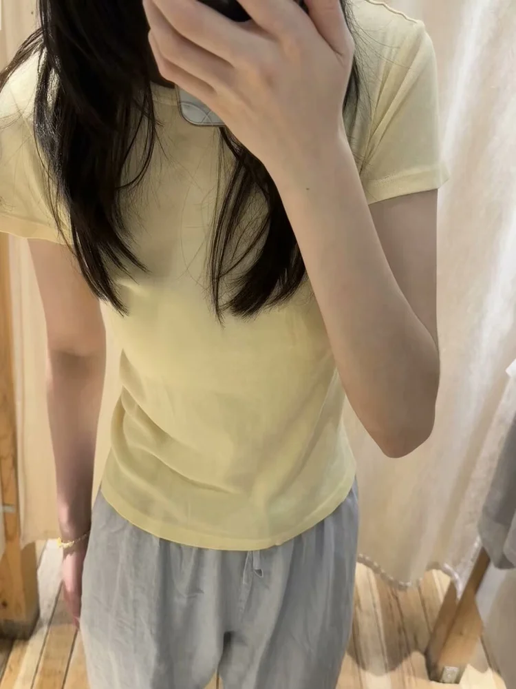 

Женская футболка Brandy Girl с коротким рукавом, светло-желтая, летняя, модная, для повседневной носки, приталенная, из хлопка, влагоотводящая