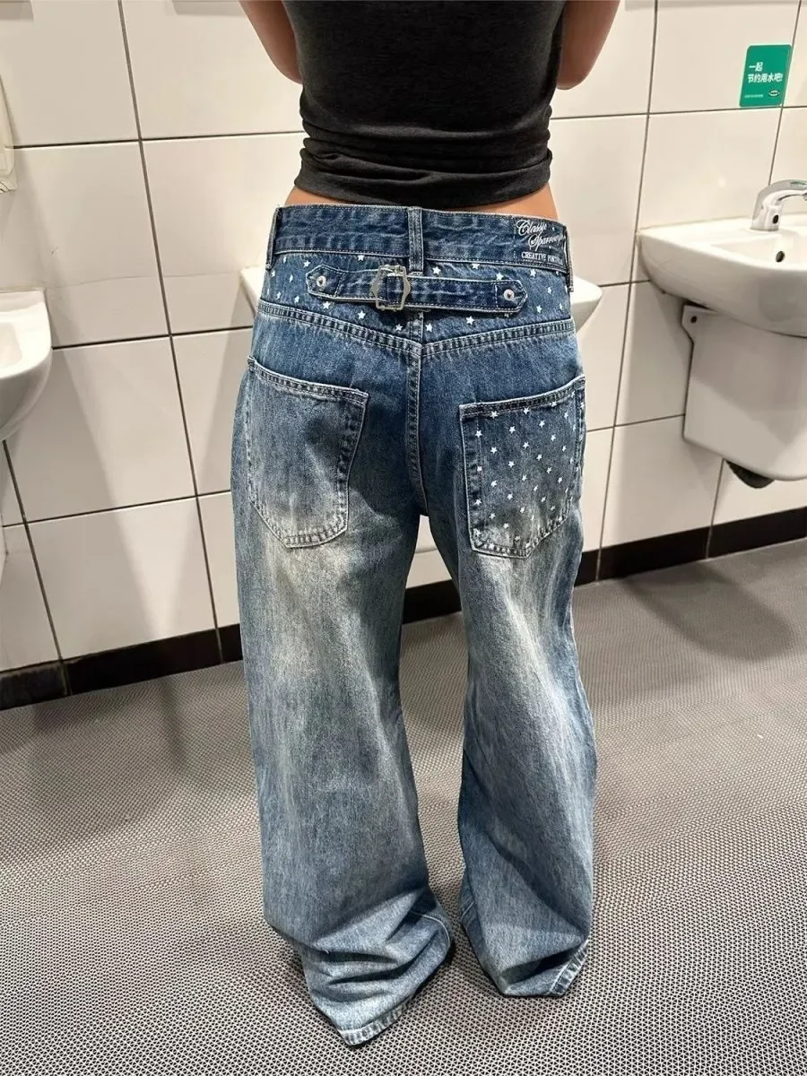 American Style Jeans, Women's Retro Star Print Washed Loose Straight Leg Wide Leg Pants