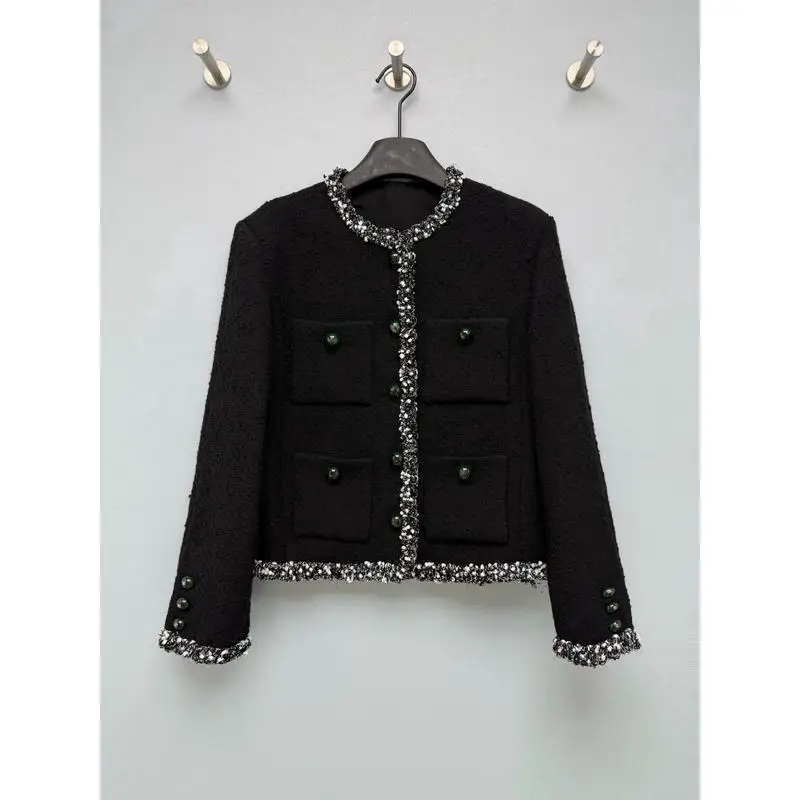 2026 Elegant Four-pouch Classic Design Black Silver Woven Jacket