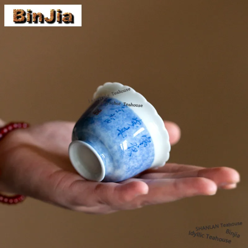 50ml Handwritten Cold Night Teacup Blue And White Porcelain Flower Mouth Tea Cup Hand Painted Poetry Literature Tea Bowl Gifts
