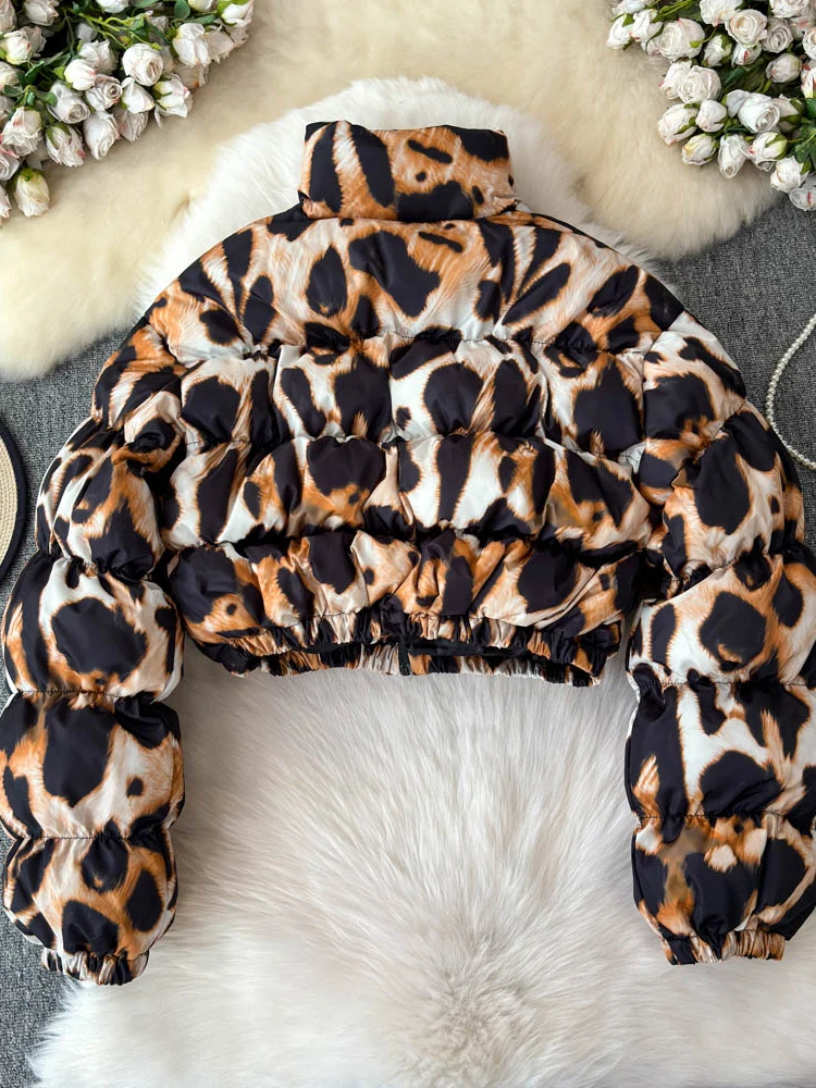 TWOTWINSTYLE Leopard Prin Short Coats For Women Stand Collar Long Sleeve Spliced Zipper Casual Wadded Jacket Female KJA517711